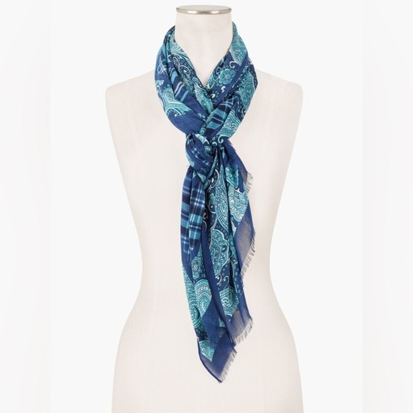 Talbots Accessories - Talbots Teal and Navy White Paisley and Plaid Pattern Blue Tones Lightweight